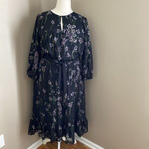 Lauren Ralph Lauren Black Multi Floral Long Sleeve Lined Midi Dress Plus size 18